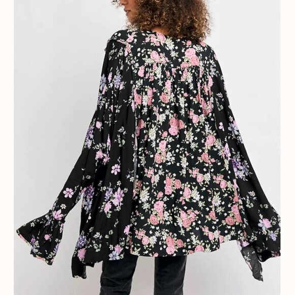 Free People Loretta Floral Ruffle Boho Tunic Top Black Pink Size Small - Picture 4 of 15
